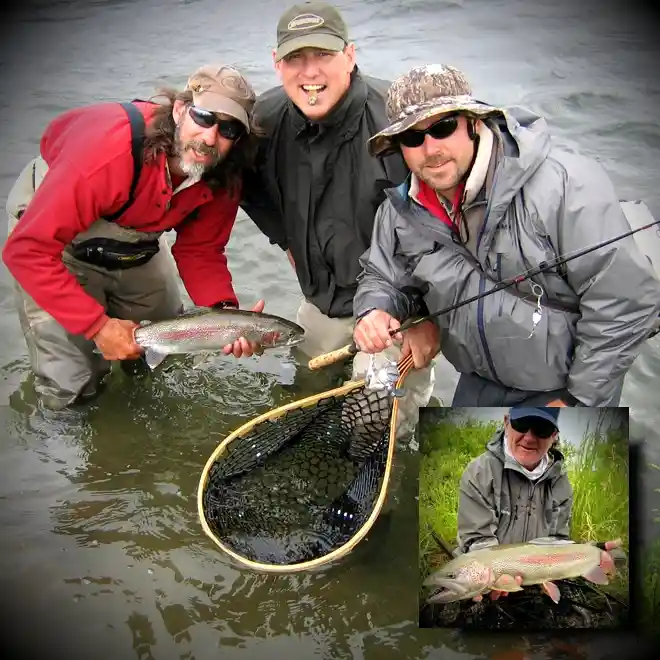 Alagnak River float trip guests holding beautiful rainbow trout in Bristol Bay Alaska